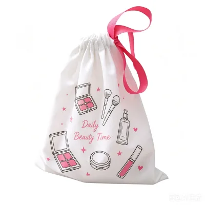 Cotton Drawstring Cosmetic Pouch Cartoon Print Makeup Storage Bag Ribbon Closure Travel Makeup Organizer for Beauty Accessories