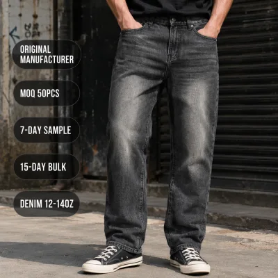 Custom Vintage Casual Eco-Friendly Charcoal Acid Wash Denim 13OZ Whisker Fade Classic Belt Loop Rivet Straight Leg Five Pocket