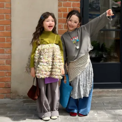 Girls Set Autumn Korean-Style Tie-Dye Mesh Strap Polyester Dress All-Match Casual Wide-Leg Pants Abstract Pattern for