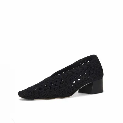 Ladies Summer Fashion Mary Jane High Heel Shoes Chunky Heel Pumps Fly Knit Upper Hollow Printed Slip-On Height Increasing