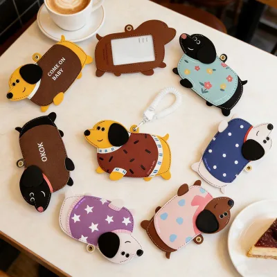 Cartoon Dachshund Dog Leather Card Holder Retractable Lanyard Student ID Badge Holder Keychain