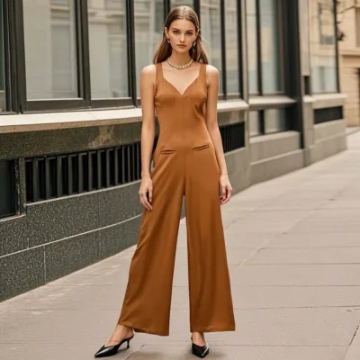 Myst&Za Women's 2025 Summer XS Size Casual Jumpsuit Pants V-Neck Pocket Vertical Pleat Design Digital Printed Commuting Jumpsuit