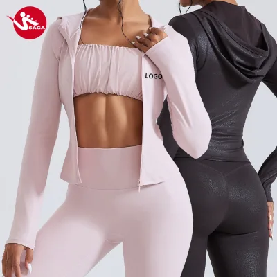 Women's Slim Fitness Gym Sport Yoga Jacket Breathable Quick Dry Spandex Nylon Super Soft Comfortable Workout Jacket with Pockets