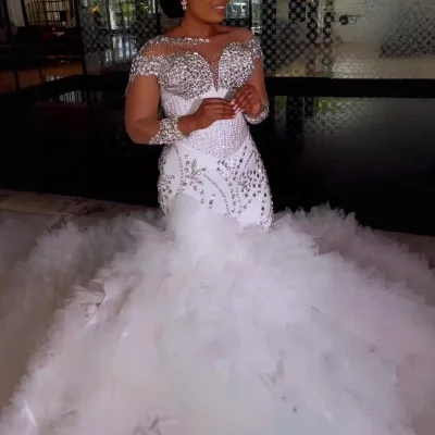 2025 New Long Sleeve Customize Mermaid Wedding Dress Sparkling Crystal Swarovski Beaded Tulle Bride Dress with Voluminous Skirt