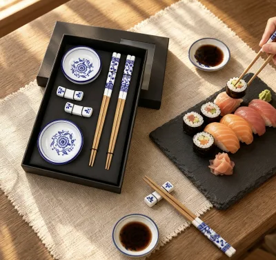 Wholesale Custom Blue White Porcelain Ceramic Dinnerware Gift Set Ramen Bowl Chopstick Holder Matcha Tea Gift Boxed