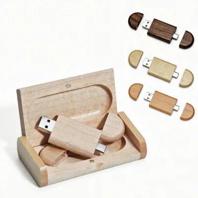 Bamboo Wood Dual-Port USB Flash Drive Type-C Compatible for Phones Computers Customizable Logo