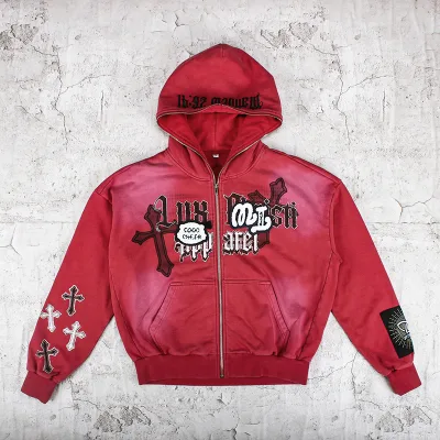 Custom Logo New Fashion Acid Washed Puff Printing Rhinestone Zip-up Heavyweight Men's Hoodie