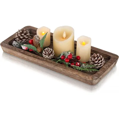 Wooden Decorative Tray Candle Holder, Rustic Farmhouse Style Wood Candle Stand for Tabletop Home Decoration