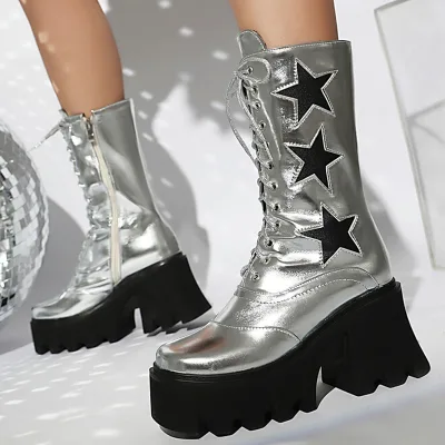 Women Silver Chunky Heels Stars Half Knee Boots Front Lace up Mid-calf Booties Square Toe Side Zipper Platform Shoes