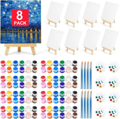 8 Pack Canvas Boards for Painting, Art Canvas for Drawing with 16 Brushes & 8 Paint Trays & 16 Acrylic Paint