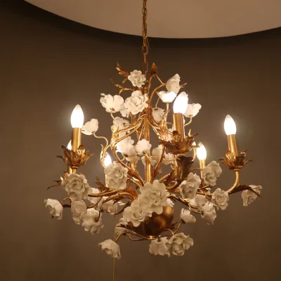 Luxury French Style Casting Brass Gold Leaf Lamp Body Elegant White Ceramic Flower Decoration 360 Pendant Light