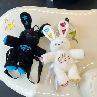 Plush Cartoon Black and White Rabbit Backpack Embroidered Bunny Doll Backpack Niche Personality Sweet and Cool Doll Backpack