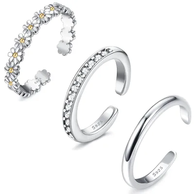 Fine Jewelry 925 Sterling Silver Zircon Flower Pave One Row Plain Open Toe Ring for Women