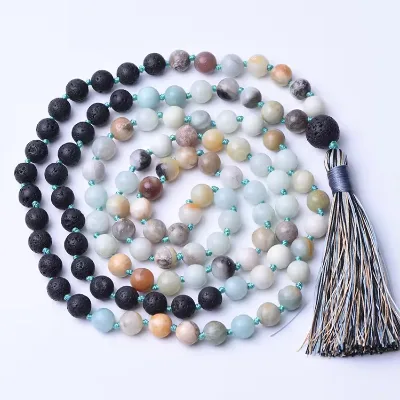 Handmade 108 Mala Lava Aromatherapy Tassels Necklace Amazonite Lava Stone Gemstone Bead Necklace