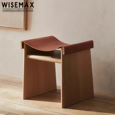 WISEMAX FURNITURE Creative Solid Oak Wood Frame Ottoman Leisure Outdoor Furniture Minimalist Saddle Leather Stool for Courtyard