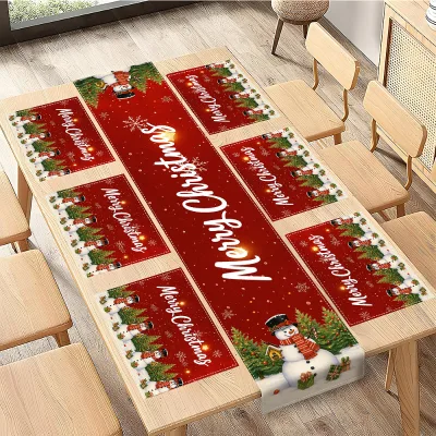 Factory Direct Sale for Amazon Cross-Border New Christmas Table Runner Winter Snowman Print Table Mat Christmas Table Runner