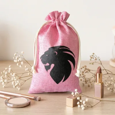 Eco Friendly Pink Jute Linen Drawstring Pouch Custom Lion Pattern Print Jewelry Gift Packaging Bag with Draw Cord