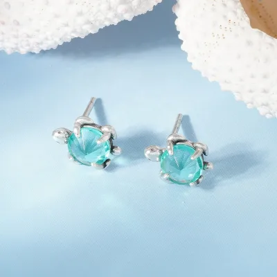 Newest 2025 Summer Ocean Life Series 925 Sterling Silver Blue Diamond Cz Sea Turtle Cute Animal Stud Earrings for Kids Girls