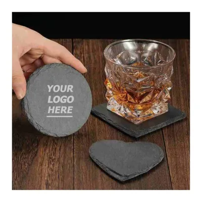 Natural Slate Coasters Set - Round, Square & Heart-Shaped Stone Drink Coasters with Engraved Designs, Heat-Resistant for Home &