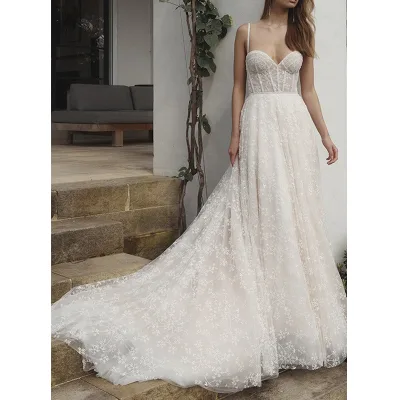 Detachable Straps Translucent Delicate a Line Wedding Gown Bridal Dress with Draped in Glitter Lace
