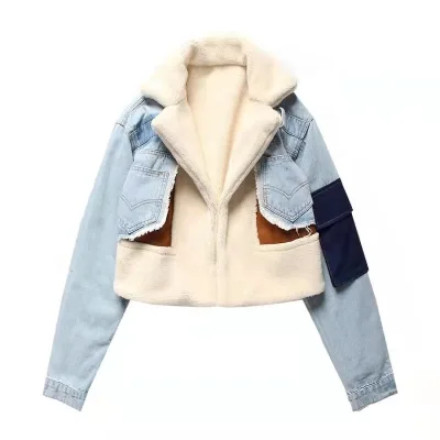 Women Short Denim Jeans Faux Shearling Fur Lined Parkas Lamb Fur Suede Collar Denim Winter Jacket Coat Lady