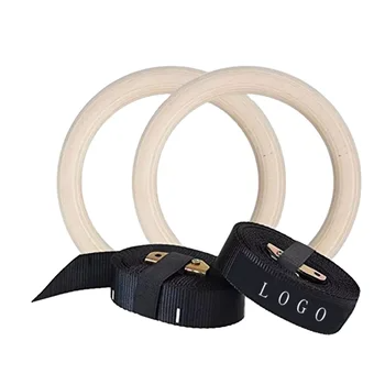 Wholesale Custom Adjustable Non-Slip Straps Wooden Gymnastic Gym Rings with Straps Loop
