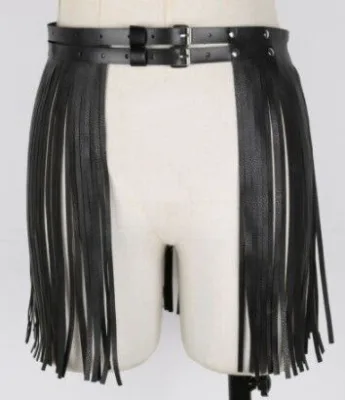 New Trendy Black Faux Leather Punk Rocker Dance Waist Dress Belt Vintage Black PU Leather Tassel Fringe Skirt Belt for Girls