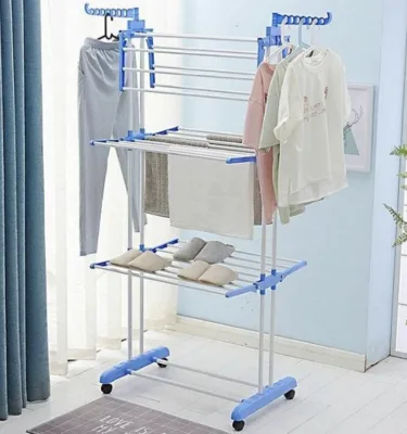 Home Folding Laundry Stand Metal Iron Telescopic Floor-standing Double Clothes Rack Collapsible Clothes Drying Rack Hanging
