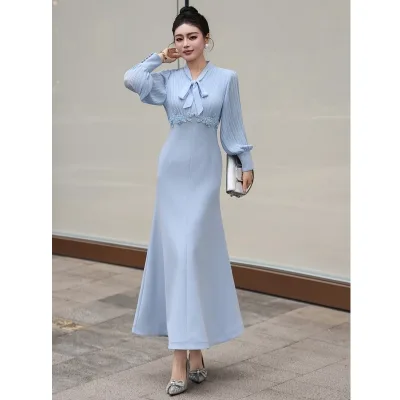 Bow Tie Elegant Long Party Dress 2026 Spring Fashion Women Beading Embroidery High Waist Long Sleeve Blue Pink Mermaid Dress