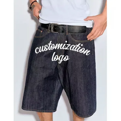 Customized Natural Color with Red Ear Denim Mid Waist Straight Five-pocket Shorts Summer Hip Hop Woven
