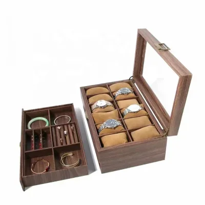 12 Slot Rectangle Wooden Watch & Jewelry Organizer Box Glass Lid Double-layer Drawer Design Modern Display Case for Men Women
