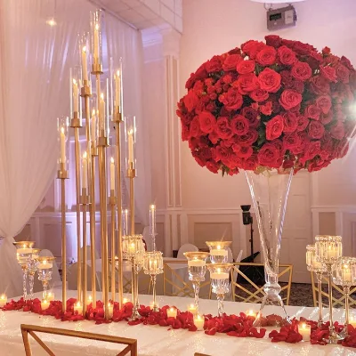 Best Selling 47" High Gold Metal Candelabra Wedding Candle Holder 10 Arms with Glass Sleeves