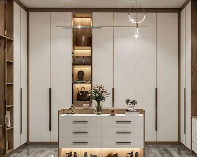 Modern Minimalist White Wood Grain Wardrobe With Dark Brown Trim Semi-transparent Glass Door Design