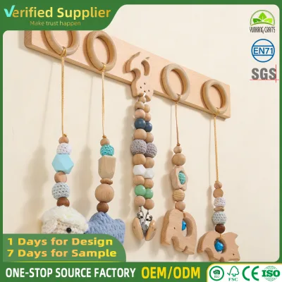 Handmade Natural Wood Crochet Silicone Beads Animal Shape Baby Gym Hanging Toys Stroller Pendants for Stroller and Infant Gift