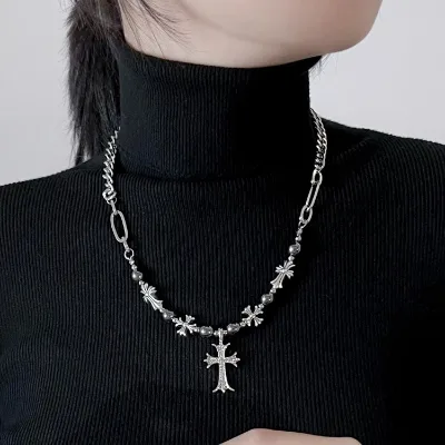 Stainless Steel Beaded Cross Necklace Simple Neutral High Designed Necklace