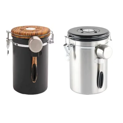 304 Stainless Steel 1.8L Snap Locks CO2 Valve Lid Airtight Coffee Canister with Scoop for Coffee Tea Sugar