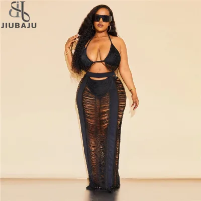 Sexy Women Knitted Set Two Pieces Set Halter Backless Bra Crop Top Skirt Crocheted Hollow Out Beach Set