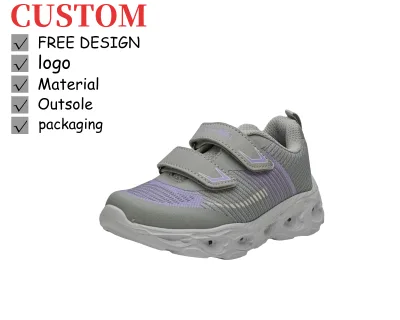 Custom Logo Kids LED Shoes Light up Sneakers Grey Purple Mesh Breathable OEM ODM Factory Small MOQ Private Label 100-300 Pairs