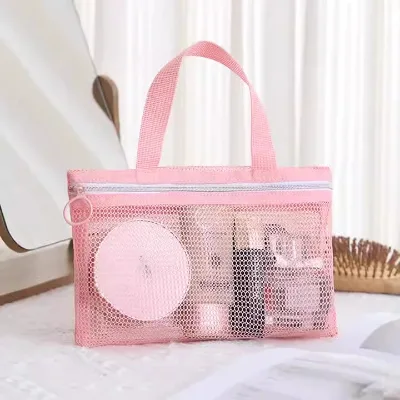 China OEM Brand Polyester Mesh Facial Cosmetic Bag Black/Pink Beauty Makeup Toiletry Multipurpose Bag