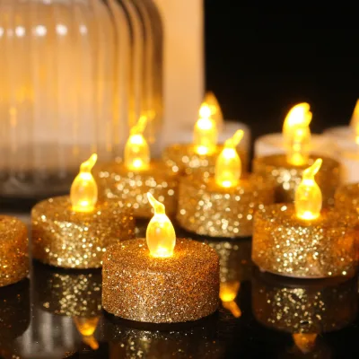 12pc/box Glitter Golden Shell Flameless LED Tea Light Candles for Halloween Diwali Valentine's Day Weddings Plastic Decoration