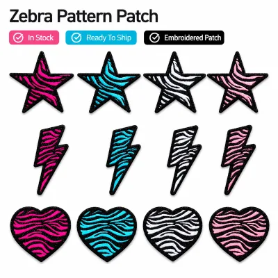 Wholesale Retro Y2K Iron-On Embroidered Patch Set Glitter Border Zebra Print Emblems Bulk Cute Star Fabric Sticker Ready Stock