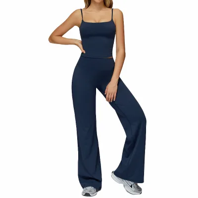 Cross-border Brushed Solid Sweat 2-Piece Set Eco-Friendly Four-Way Stretch Lightweight Seamless Spandex/Nylon V-neck High Waist