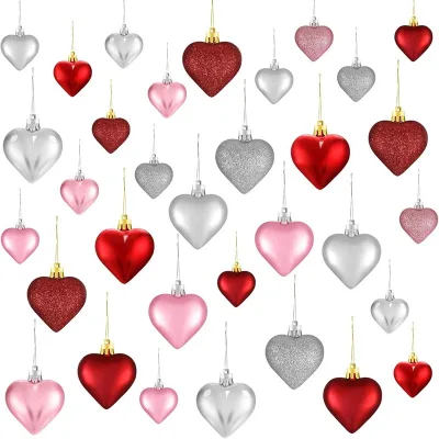 36Pcs Valentine's Day Heart Shaped Ornaments Valentines Heart Decorations Red Pink Silver Glitter Heart Shaped Baubles