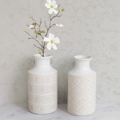 Minimalist White Ceramic Vase with Geometric Textured Pattern Modern Scandi Style Flower Vase for Home Office Table Decor