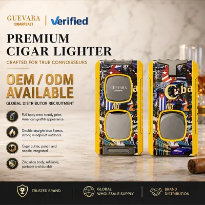 Wholesale Cigar Lighter Windproof DoubleBlue Flame Built-in Cigar Cutter Punch Needle Zinc Alloy Refillable Torch Lighter