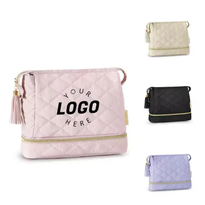 Custom Portable Makeup Bags with Zipper Closure Fashion Vintage Style Polyester  Printed Thread Logo Storage