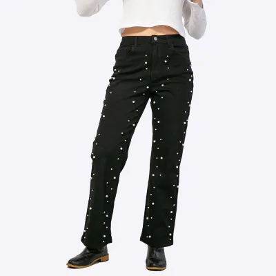 Custom Women's Pearl Embellished High Waist Straight Leg Jeans Button Fly Classic Vintage Stretch Denim Pants Manufacturer