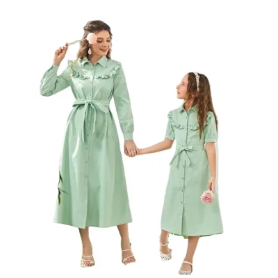 KY Ruffle Trim Button Front Belted Birthday Dresses for Girls Dress Mother and Daughter
