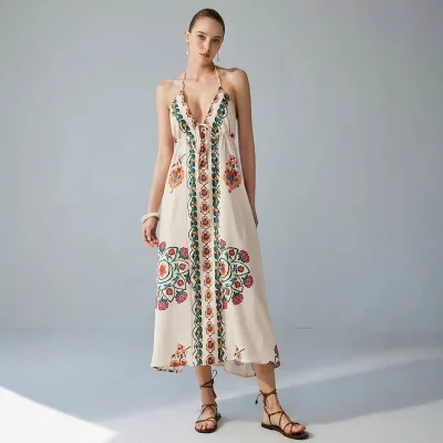 Custom Beach Dress Spring/Summer Colorful Flower Digital Printed Long Dress Sexy Deep V-neck Halter Backless Dress