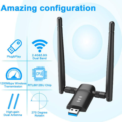 Wireless USB WiFi Adapter for PC - Dual Antennas 5G WiFi Adapter for Desktop PC Laptop Windows